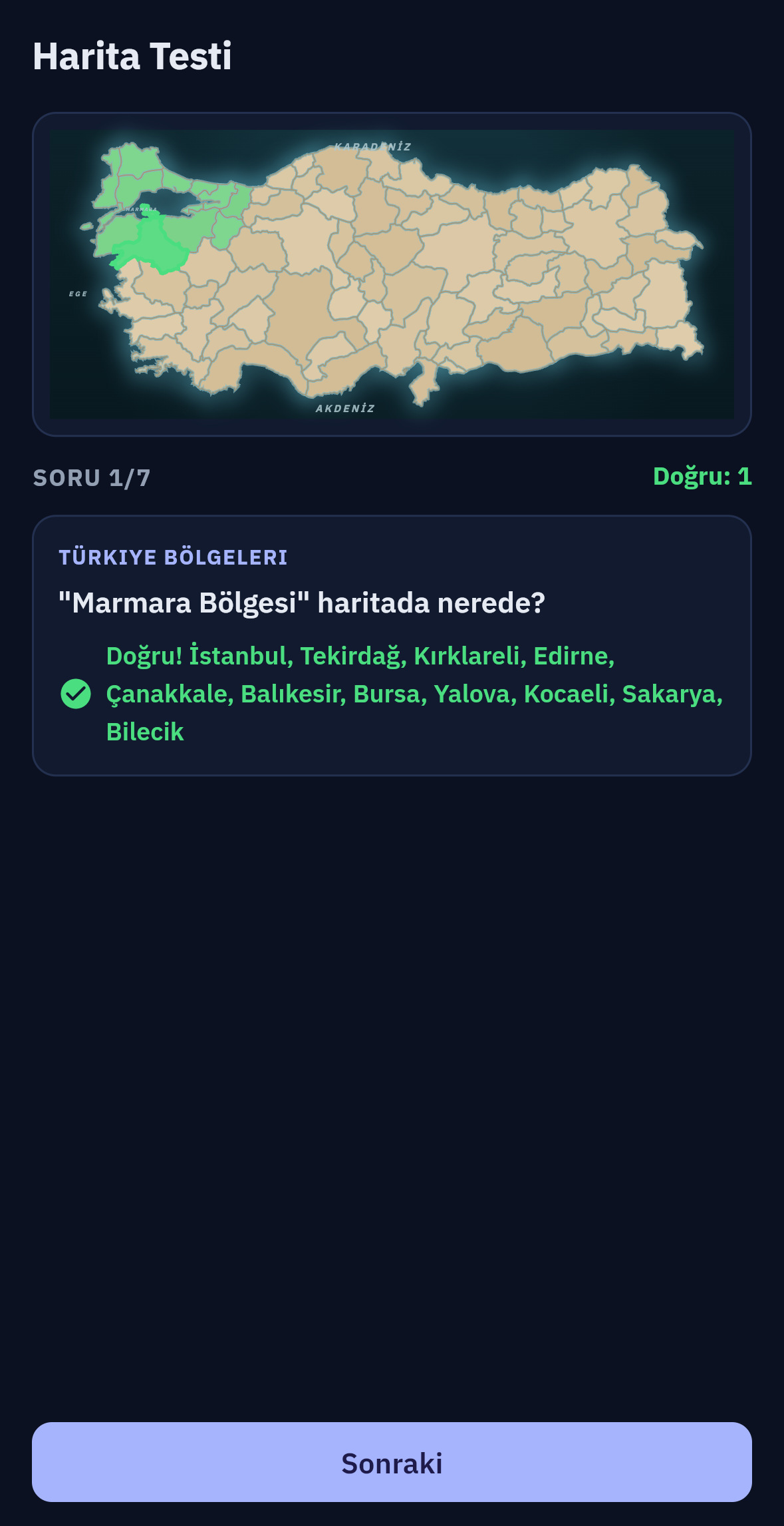 Türkiye bölgelerini öğreten klasik harita testinden bir ekran