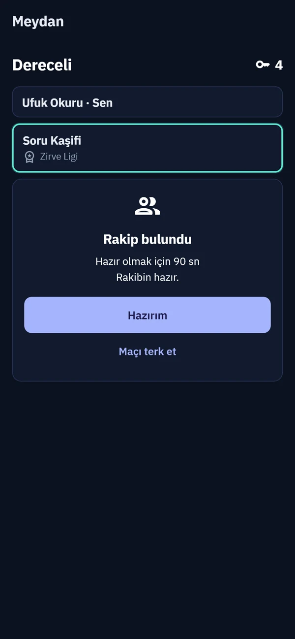 Düelloda iki oyuncunun eşleşmesi ve Hazırım düğmesi