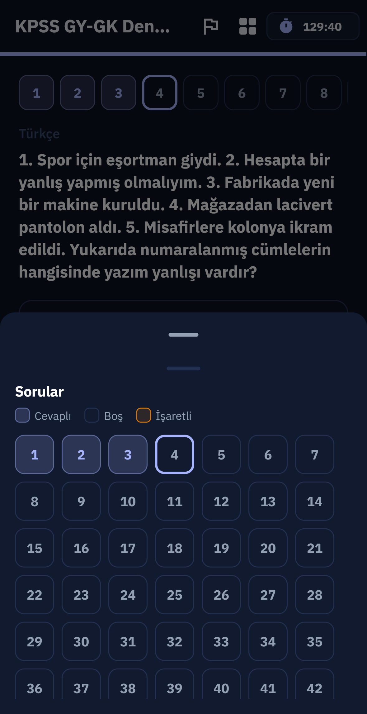 Süreli deneme sınavındaki soru gezinme ekranı