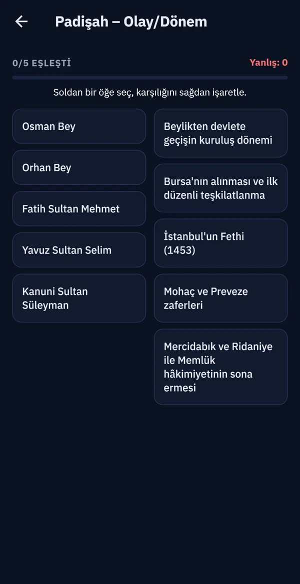 Padişahları olaylarla eşleştirme oyunu