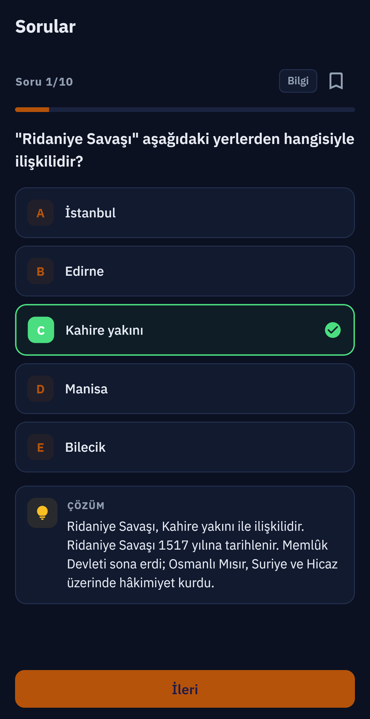 Beş seçenekli soru, doğru cevap ve çözüm açıklaması