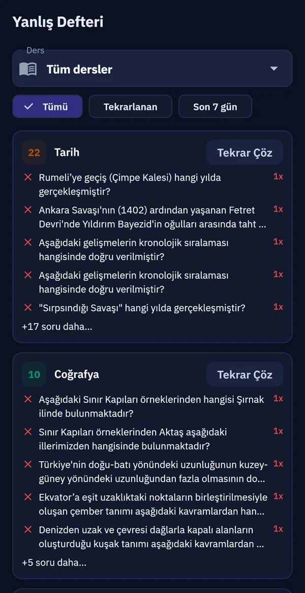 Yanlış defterindeki sorular ve yeniden çözme seçenekleri