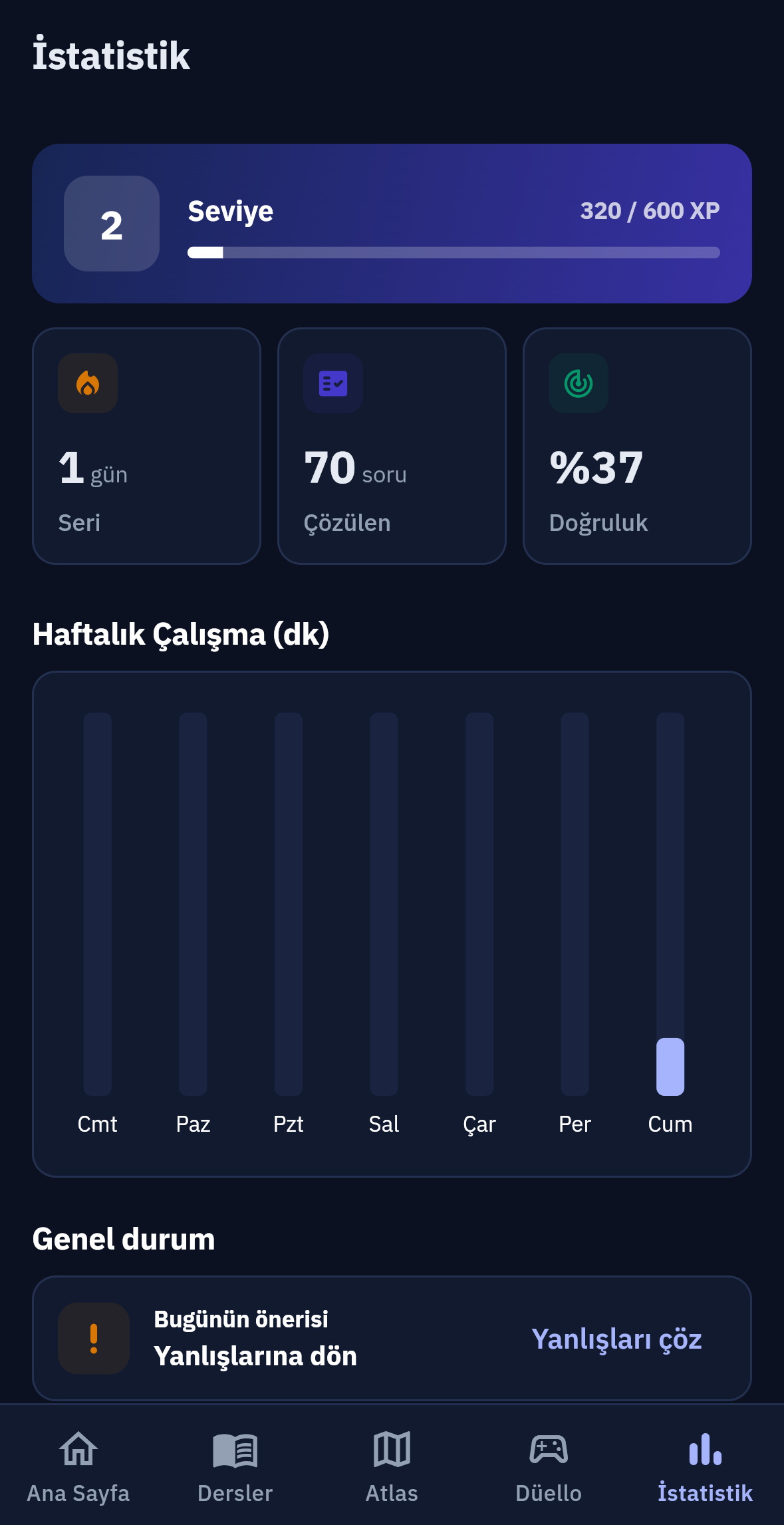 Uygulamadaki çalışma istatistikleri ekranı